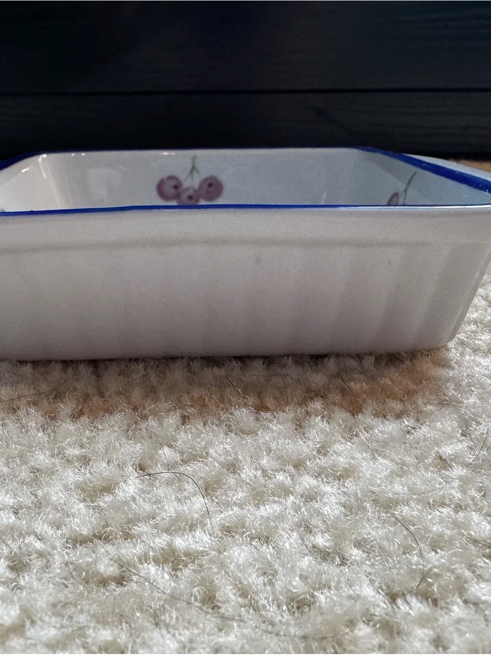 Hand-Painted Floral Ceramic Baking Dish with Blue Rim